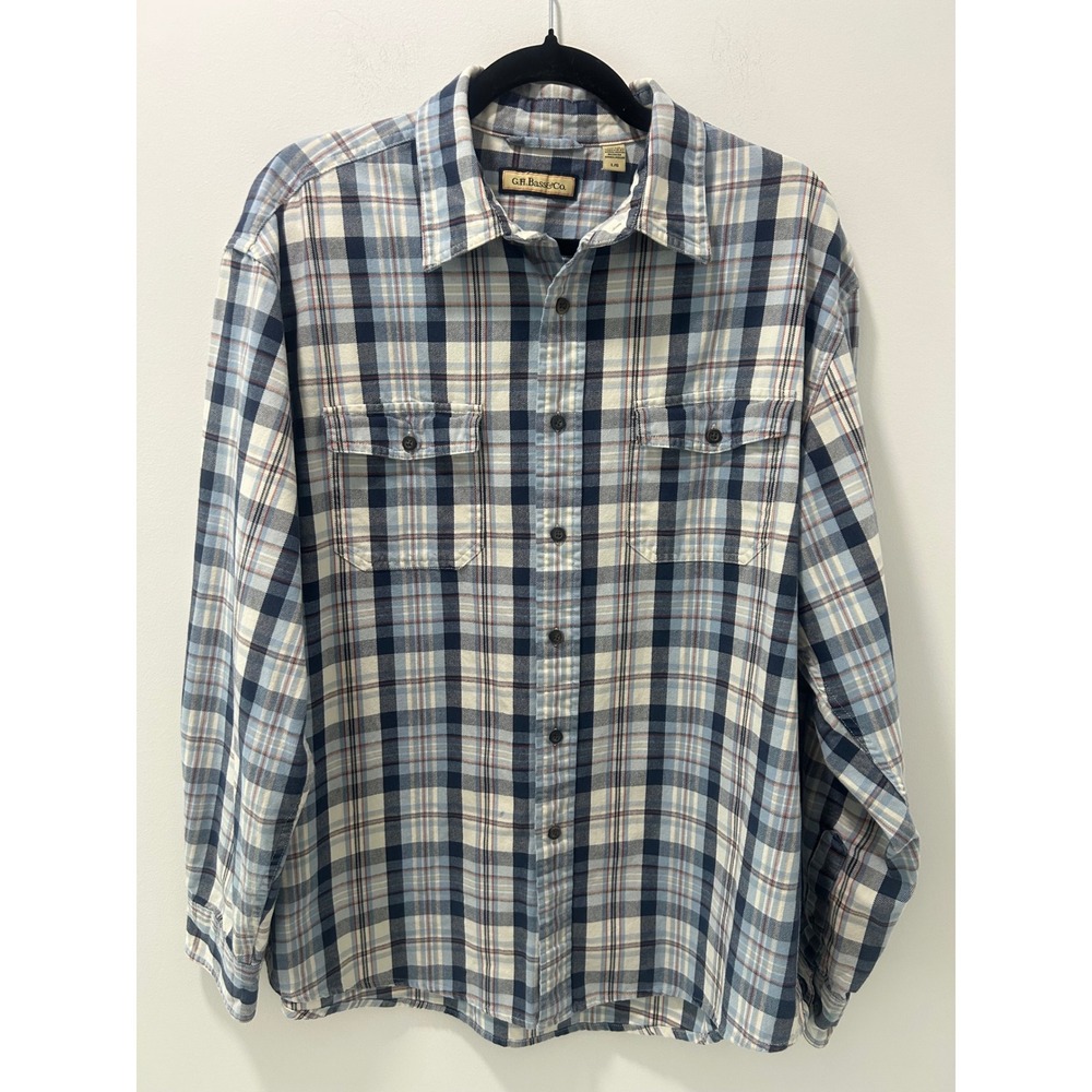 GH Bass & Co Mens Blue White Plaid Long Sleeve Button Down Shirt Large